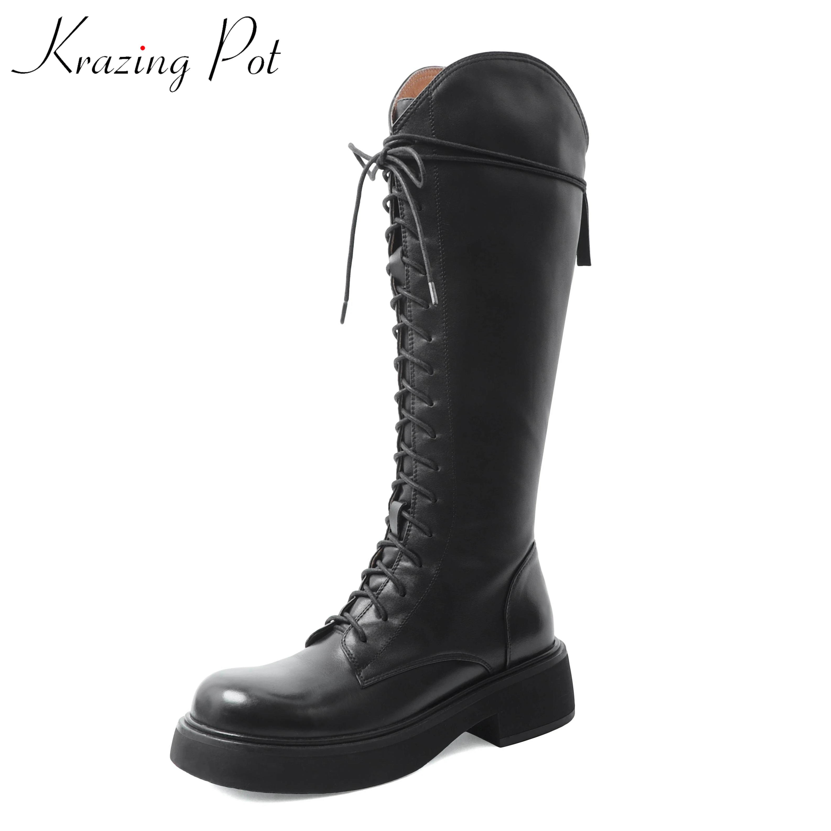 

Krazing Pot Full Grain Leather Round Toe Med Heel Riding Long Boots Platform Cross-tied Street Wear Chic Zipper Thigh High Boots