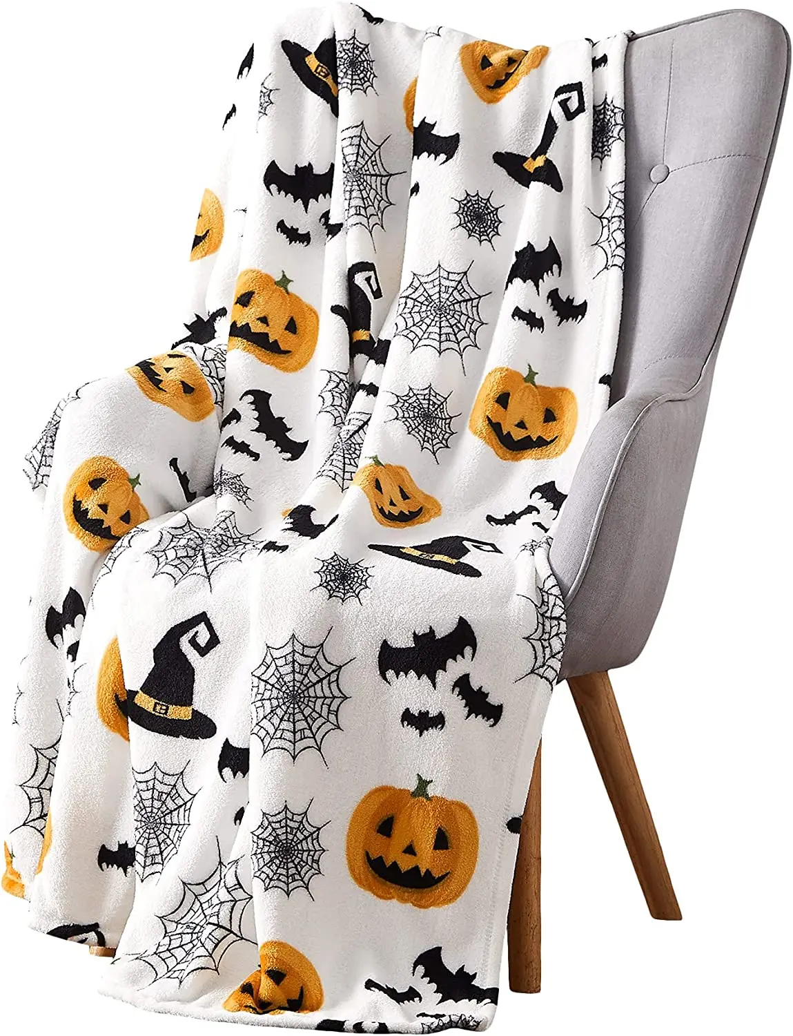 Halloween Throw Blanket Spider Webs Witch's Hat Black Bats and Decorated Pumpkins Print on Soft Velvet Fleece for Sofa Bed Couch