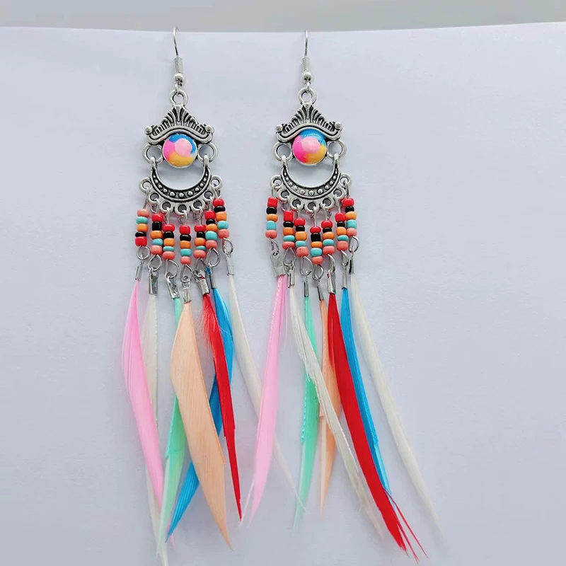 

Vintage Bohemian Colroful Rice Bead Feather Earrings for Women Ethnic Long Elegant Drop Oil Dangle Earrings Pendientes Mujer