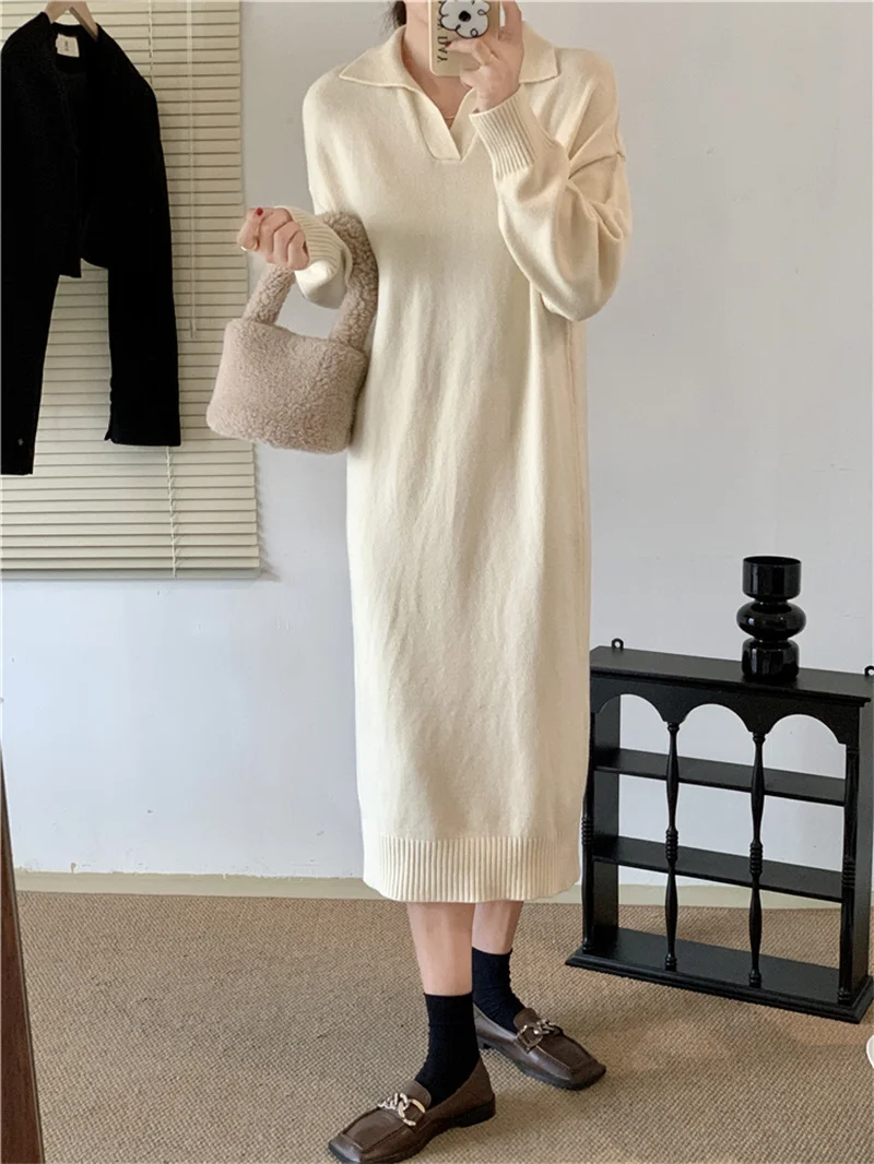 

SimpleTemperament Polo Collar Bottoming Skirt Autumn Winter Knitted Dress Mid-length Loose Solid Sweater Skirt Women D891