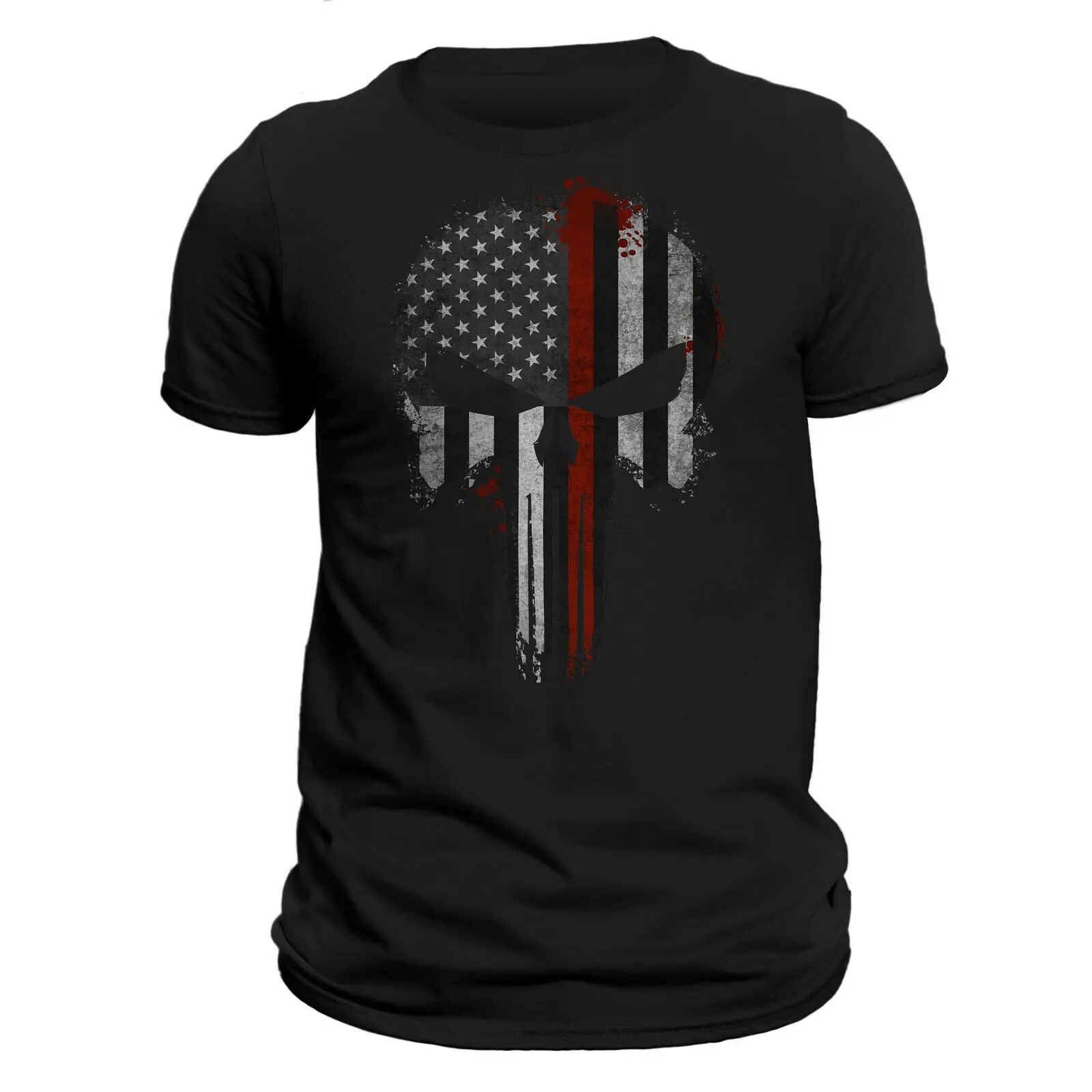 

USA Patriotic Fire Department Firefighter Thin Red Line Skull T-Shirt 100% Cotton O-Neck Summer Short Sleeve Casual Mens T-shirt