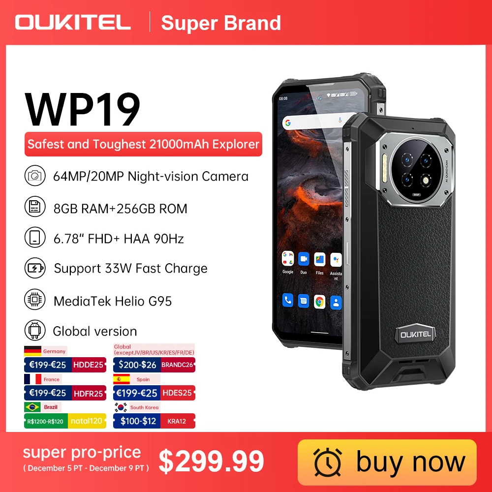 Oukitel WP19 Rugged Phone Night Vision, Cell Phone, Mobile Phone, 21000 mAh, 8 GB, 256 GB, 64M Camera, 90 Hz Helio G95