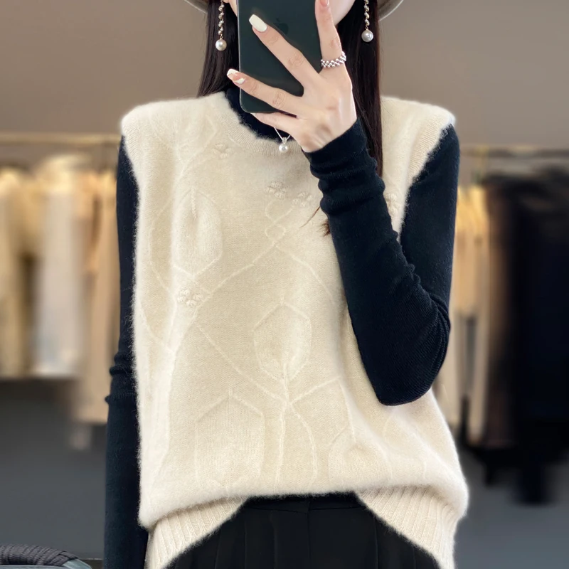 Осень-зима 2024 новинка женский свитер из 100% мериносовой шерсти без рукавов