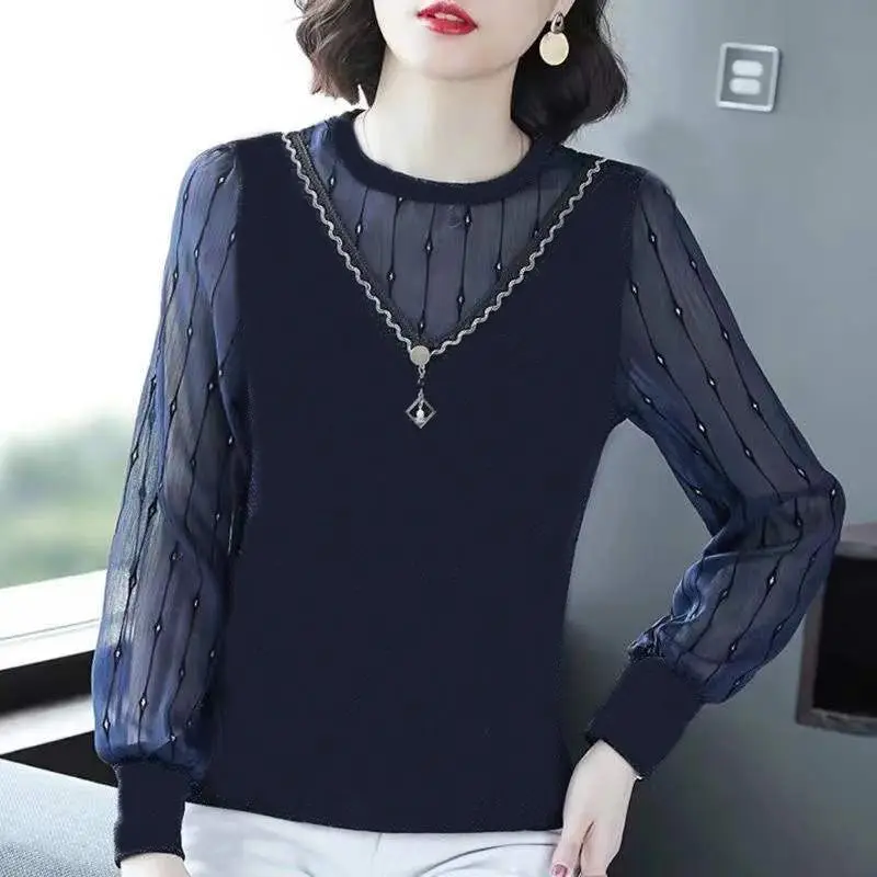 

2023 New Women's Clothing O-Neck Long Sleeve Spring Autumn Loose Plus Size Solid Color Commuter Casual Sexy HoleGauze T-shirt
