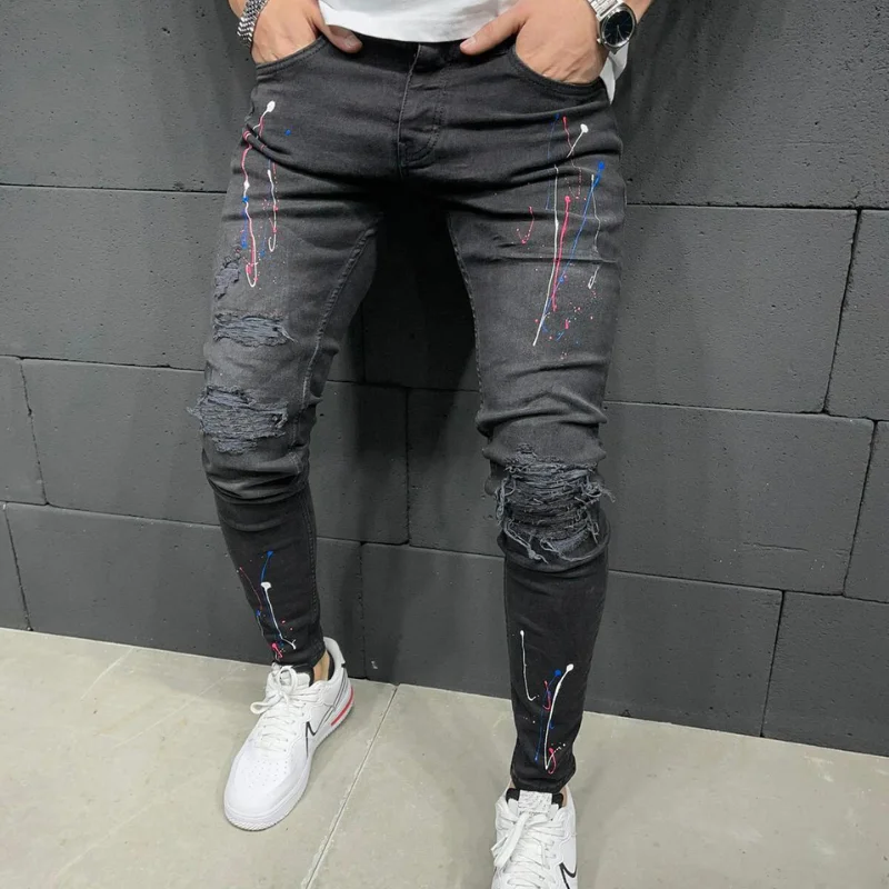 2022 Hot Sale New Fashion Men's Ripped Stretch Skinny Zipper Print Color Changing Jeans Skinny Stretch Jeans Men's Pants