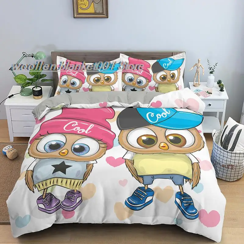 

Cartoon Owl Boy And Girls Duvet Cover Kids Single King Size Bedding Set Comforter Covers 2/3PCS With Pillowcase Drop Shipping