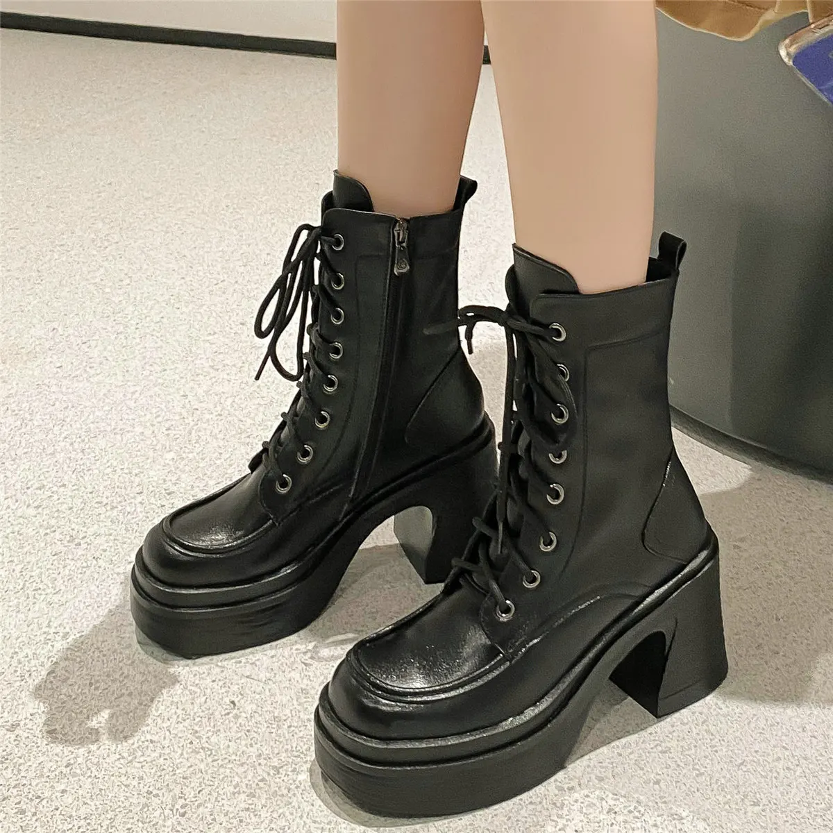 

Winter Warm Creepers Women Genuine Leather High Heel Platform Pumps Shoe Female Lace Up Round Toe Fashion Sneakers Casual Shoes