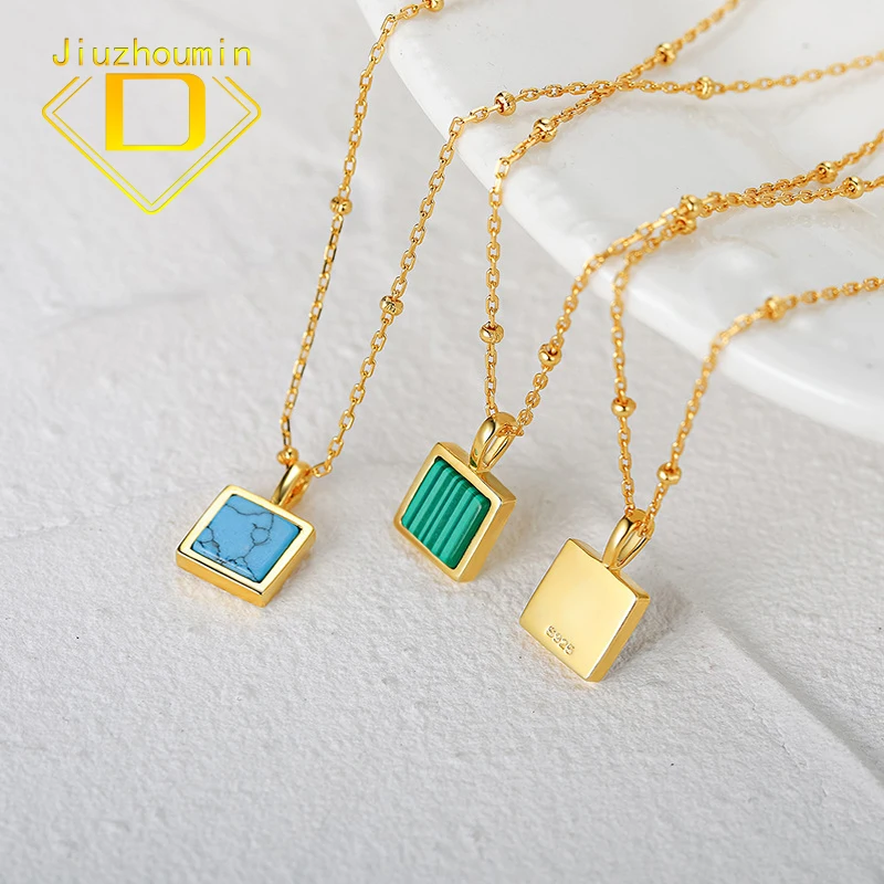

S925 Sterling Silver Square Natural Stone Pendant Collarbone Necklace Best-Selling Agate Malachite Green Pine Pendant Collarbone