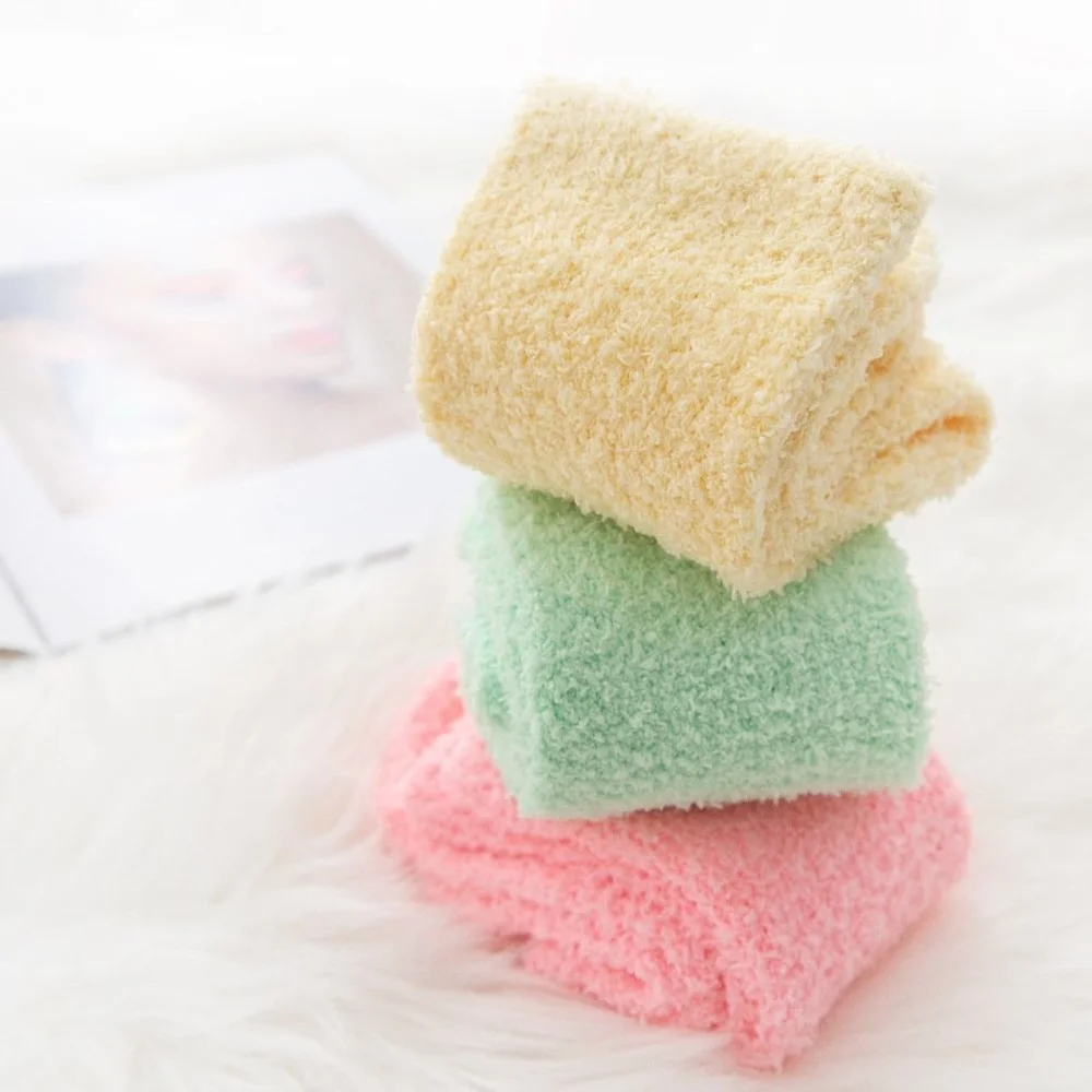5 Pairs Autumn and Winter Fashion Thick Women's Coral Fleece Socks Candy Color Half Velvet Home Warm Sleep Socks for Ladies