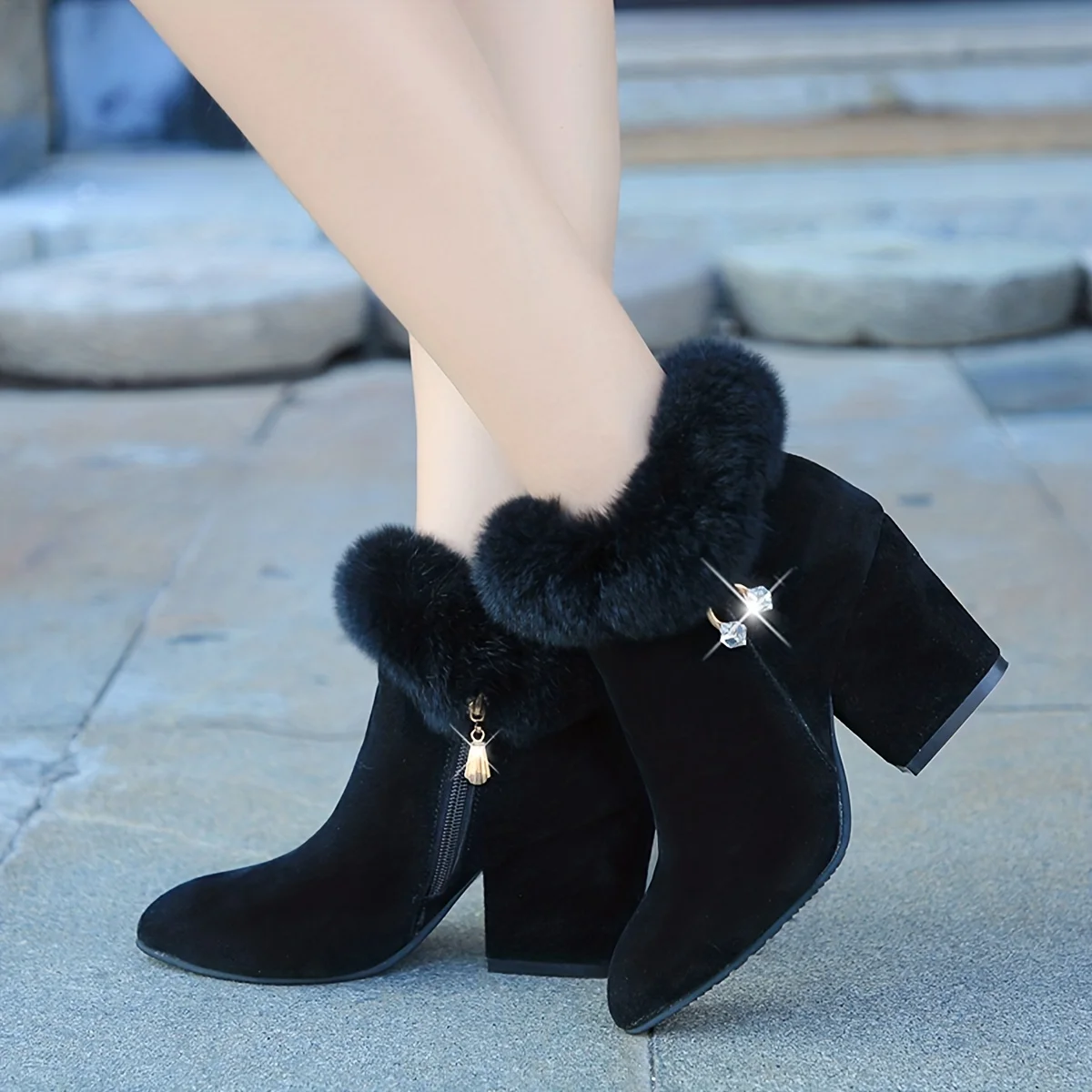 

Women Solid Color Block Heeled Boots Fashion Side Zipper Fur Lined Boots Comfortable Boots