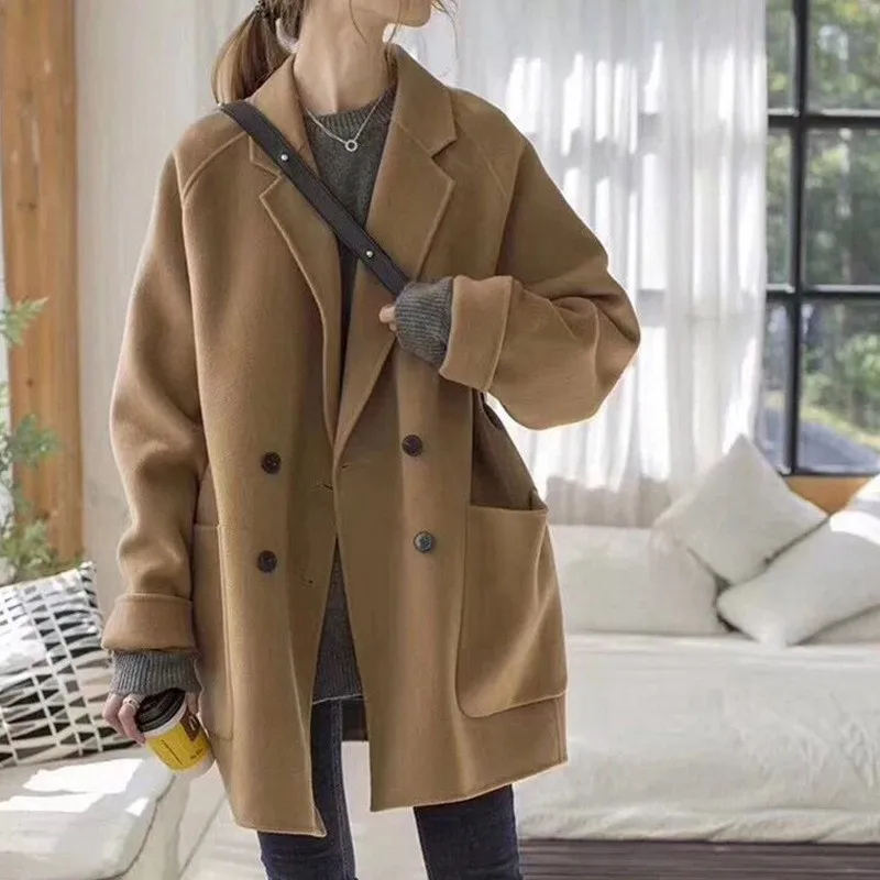 

2023 осень и зима новое двустороннее кашемировое пальто женское короткое свободное шерстяное пальто с воротником-костюмом
