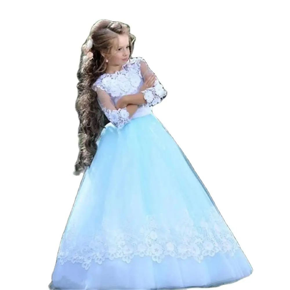 

Lovely Sky Blue White Lace Formal Party Dresses For Wedding Guest High Jewel Corsst Back Flower Girl Dress With Sleeves