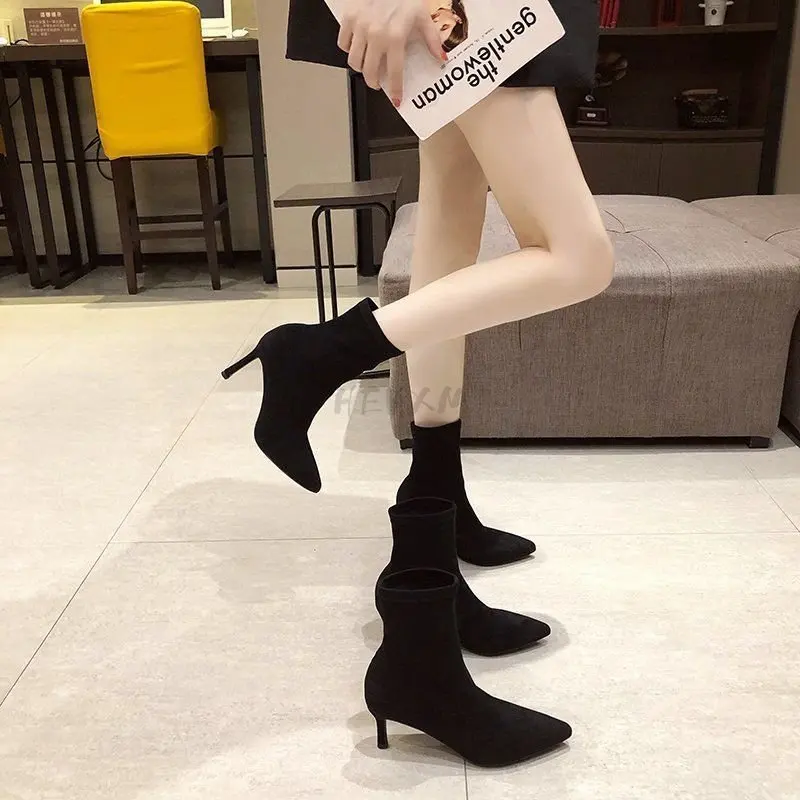 Socks Boots Women Stretch Fabric Elastic Stilettos Heel Sexy Pointed Toe Ankle Boots Slip-On Shoes Woman Thin Heels Party Boats