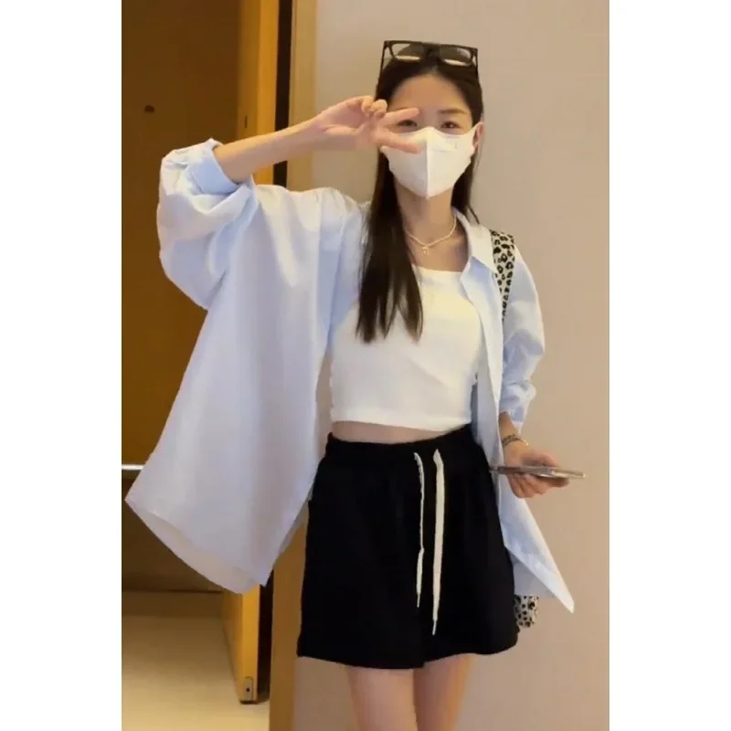 Корейская полосатая рубашка с длинным рукавом и защитой от солнца женская летняя