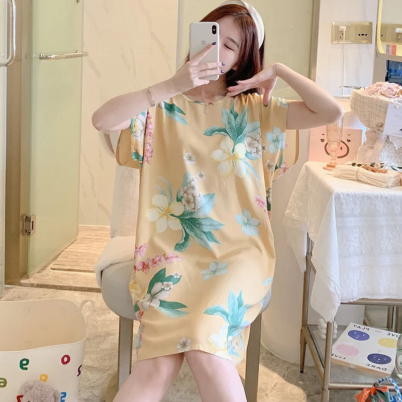 Women's Thin Cotton Nightshirt Short Sleeve Floral Print Round Neck Sleepwear Ladies Nightgown Pajamas Dress Casual Sleepdress