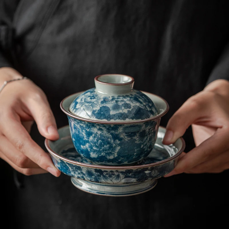 XH037 антикварная сине-белая керамическая чаша и держатель для кастрюль, Высококачественная Ретро чаша для приготовления чая ручной работы