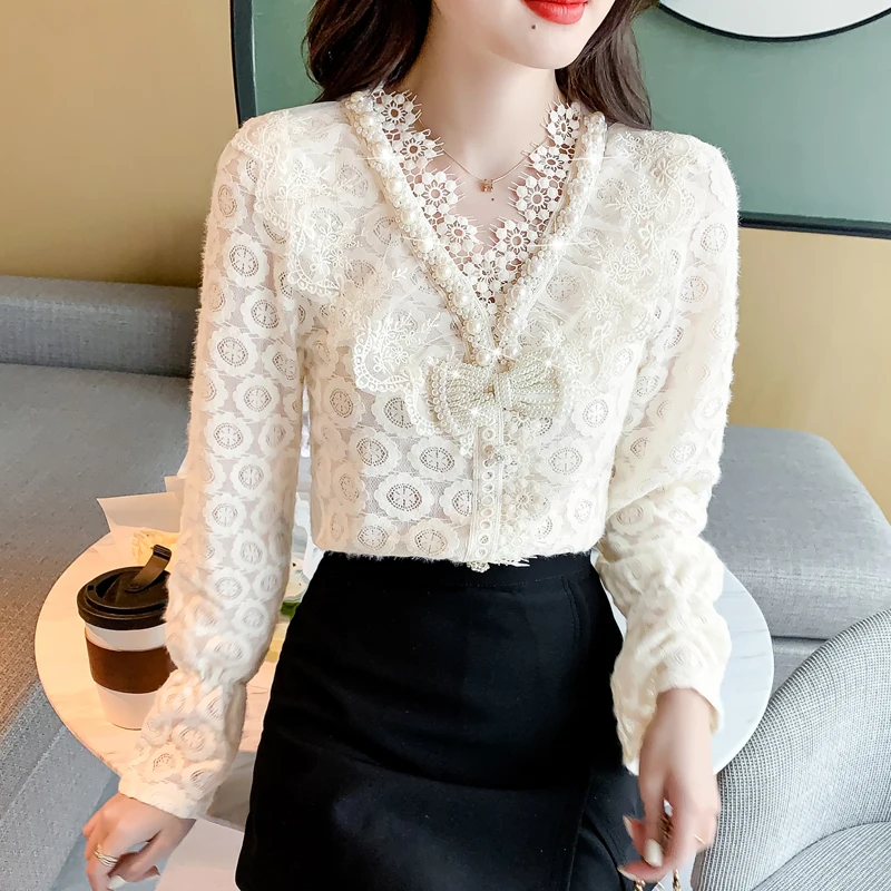 

Женская одежда, топ с V-образным вырезом, кружевная блузка с декоративным бантом и пуговицами, женская рубашка с длинными рукавами, 201C