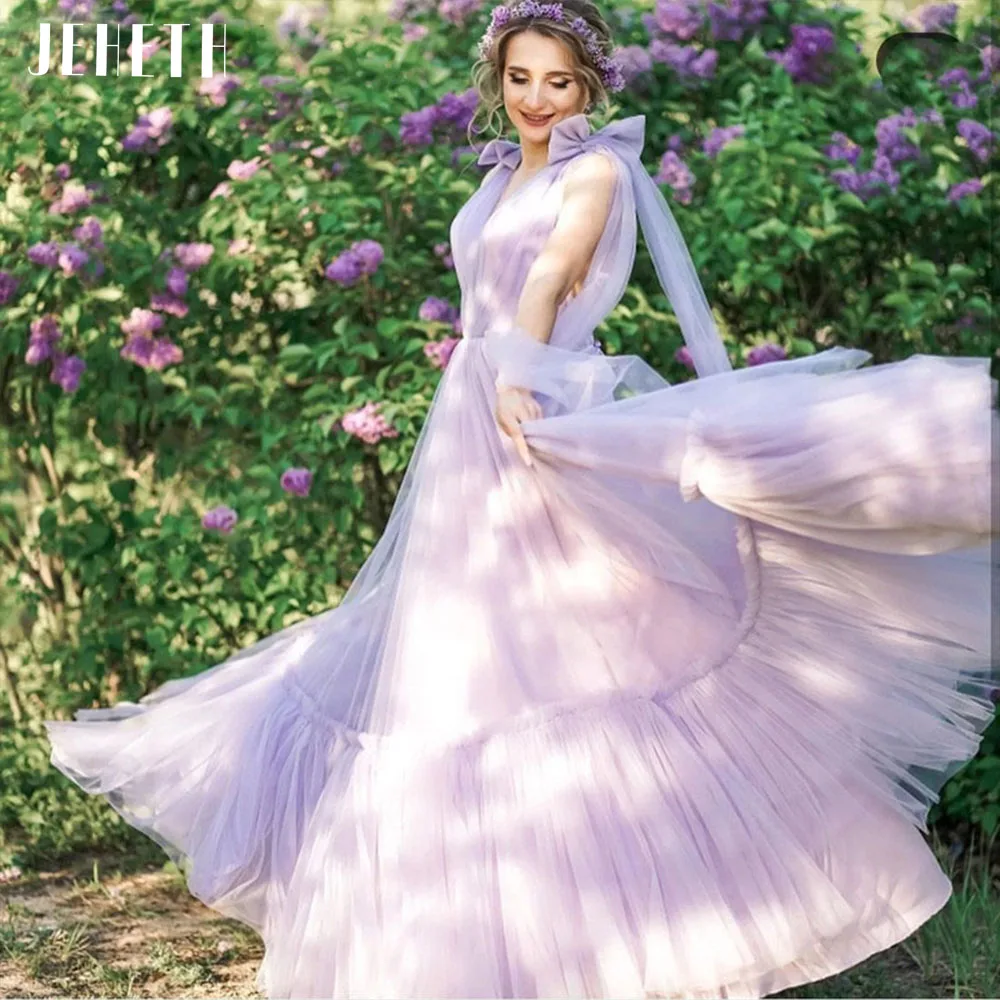 JEHETH Lilac Fantasy Bow Straps Tulle V-Neck Prom Party Dress Fairy Pleated Open Back A-Line Graduation Evening Gown Formal Long