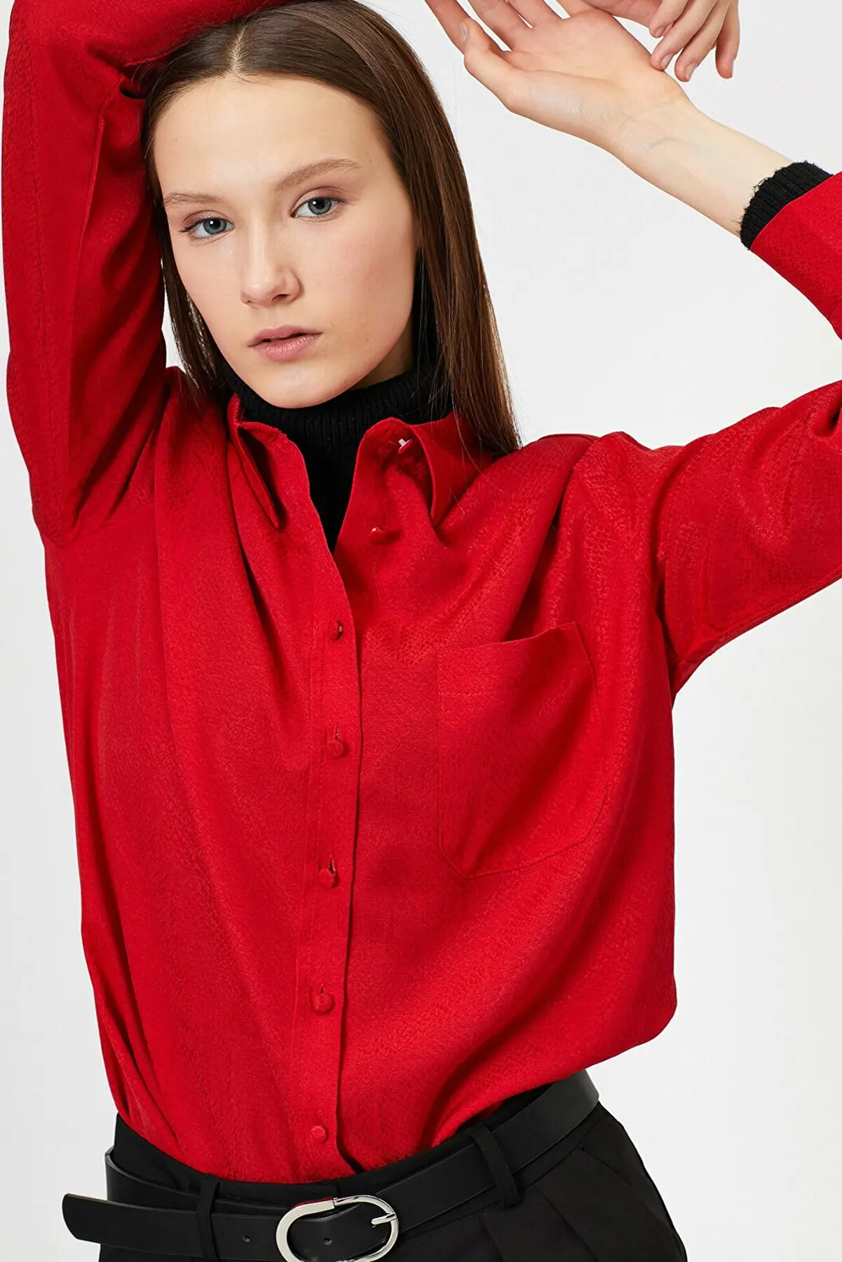 

Woman Pocket Detail Long Sleeve Shirt Pretty and Cheap women's Blouses 34757743