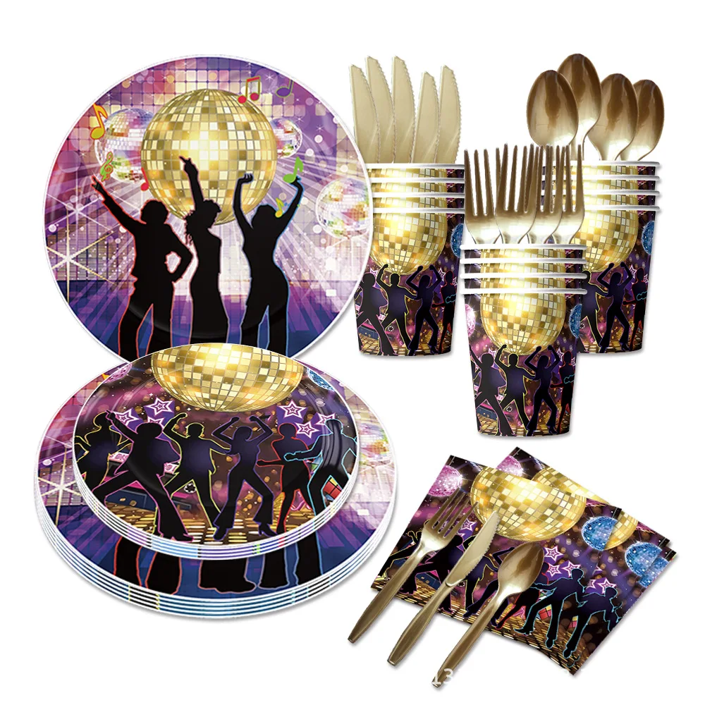 

Hip Hop Disco Birthday Party Decorated with Disposable Paper Cups and Plates Cutlery Adults Love Retro Disco Music Parties