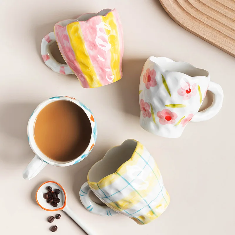 

380ML Hand-painted Flower Ceramic Coffee Cup Home Office Mug With Saucer Breakfast Milk Juice Tea Handle Cup Gift Microwave Safe