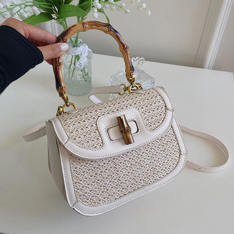 

Flap Bags For Women Designer Woven Straw Bag Handbags Purse Vintage Bamboo Handle Bag Tote Female Quality Leather Shoulder Bag