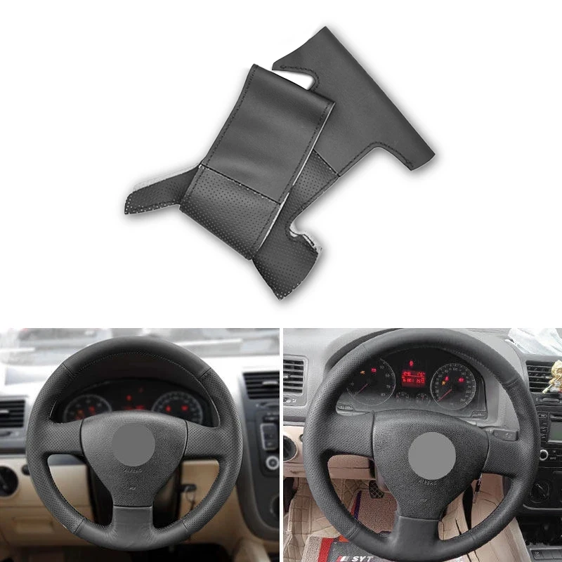 5 V Mk5 Caddy Jetta Tiguan Sagitar Touran Polo Hand-stitched Car Steering Wheel Cover Black Leather Accessories