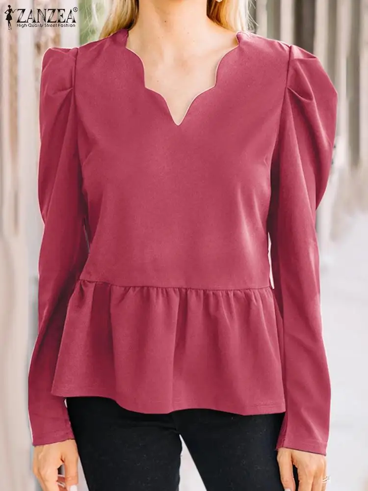 

Женская модная однотонная блузка 2022, весенние Блузы ZANZEA с V-образным вырезом, туника с длинными рукавами-фонариками, элегантные офисные Топы...