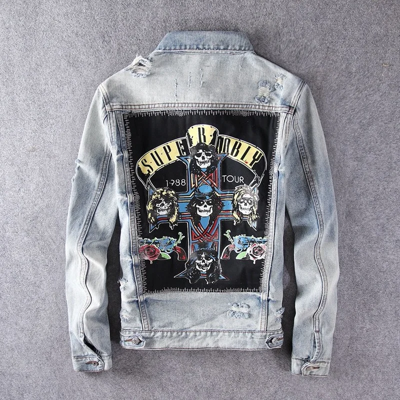 

Harajuku Mens jackets Casual rocker GNR Stamp Washed destroy fades Vintage indigo blue Denim Jacket rock Guns N Roses Streetwear