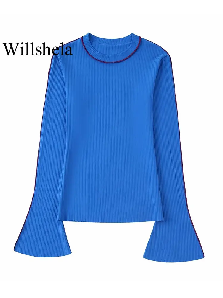 

Willshela женский модный однотонный вязаный пуловер, винтажный свитер с круглым вырезом и длинными рукавами, женские шикарные топы