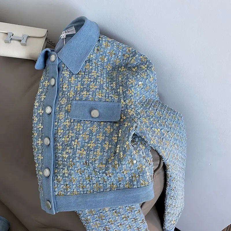 Женский брючный костюм из двух предметов элегантный синий офисный джинсовой