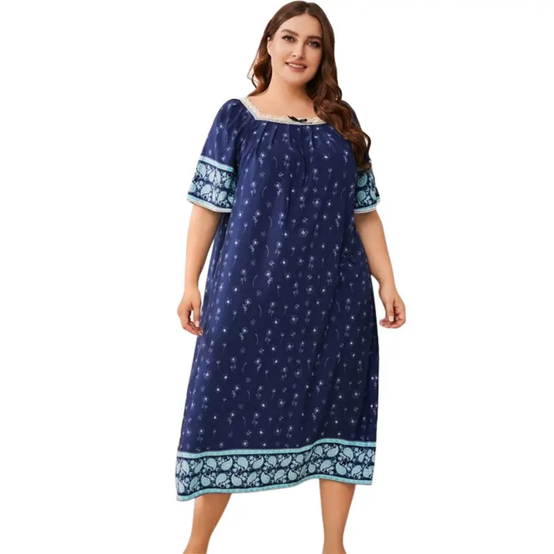 

Plump Girls plus Size Home Pajamas Silk-Screen Flower Nightgown