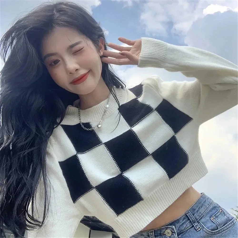 

Korean Sailor Collar Striped Sweater Women Button Long Sleeve Cropped Knitting Pullover For Woman Autumn Simple Jumper Mujer