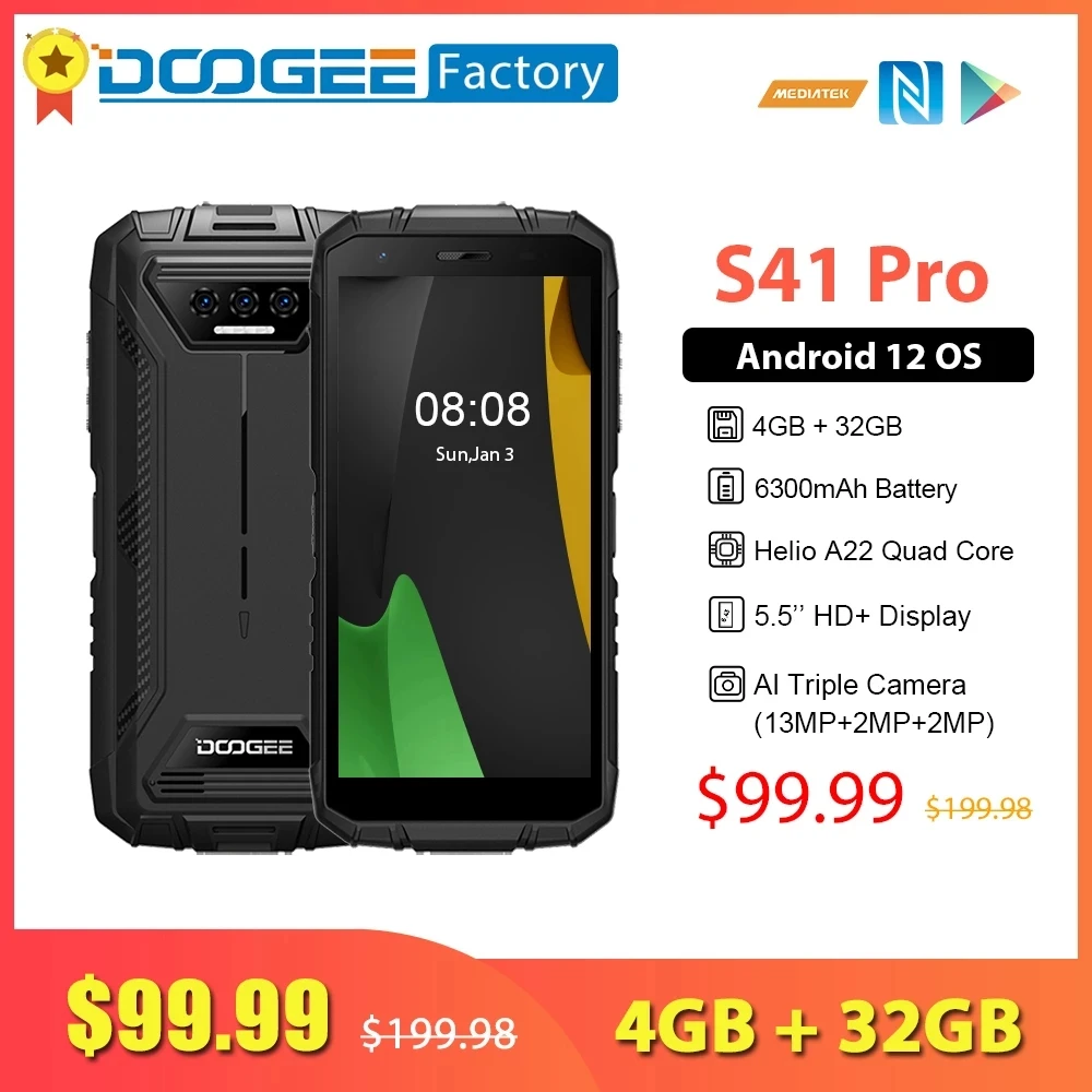 

DOOGEE S41 Pro 4GB 32GB Rugged Smartphone 6300mAh 5.5 Inch IPS HD Screen 13MP AI Triple Camera Android 12 NFC 4G Cell phone