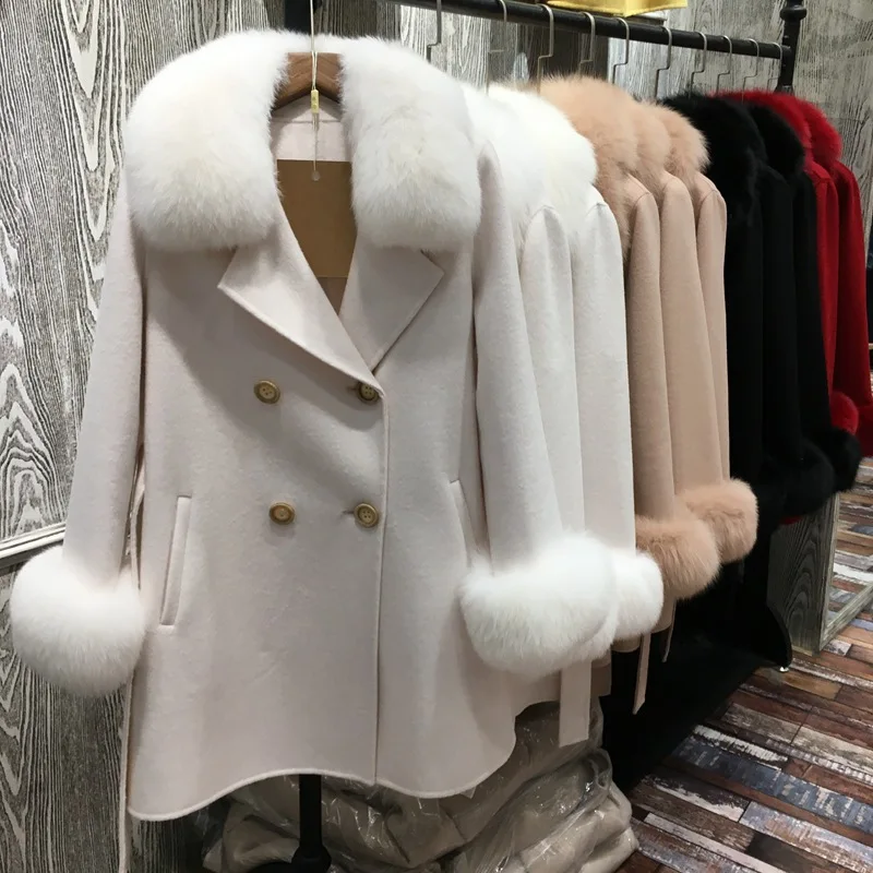 

New 2023 Wome Luxury Genuine real Cashmere Coat For Women With Fox Fur Collar And Cuff plush real Wool Fur trench overcoats