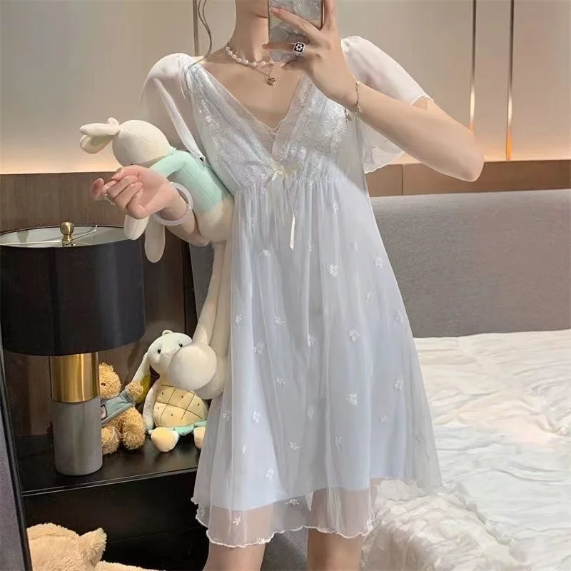 Sexy Womens Summer Nightdress Lace V-Neck Sleepshirt Cute White Nightgowns Nightwear Spring Sleepdress with chest pads Pajamas