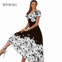 movokaka women long summer dress elegant casual beach short sleeve vestidos square collar flowers printed black fashion dresses