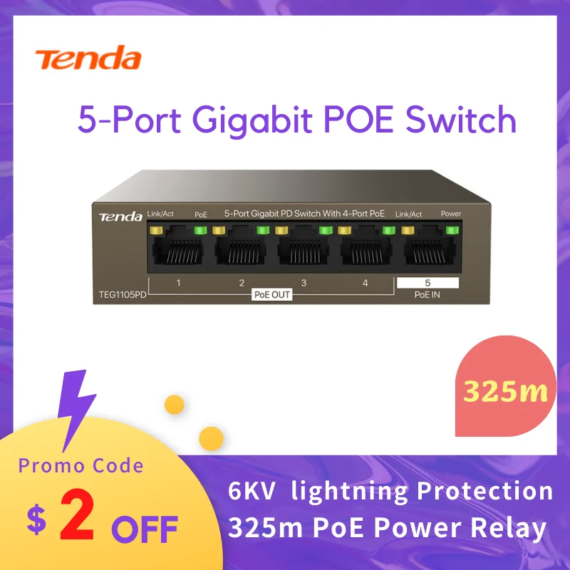 Tenda тега1105pd POE гигабитный коммутатор 325 м реле питания PoE 6 кВ Защита от вспышки