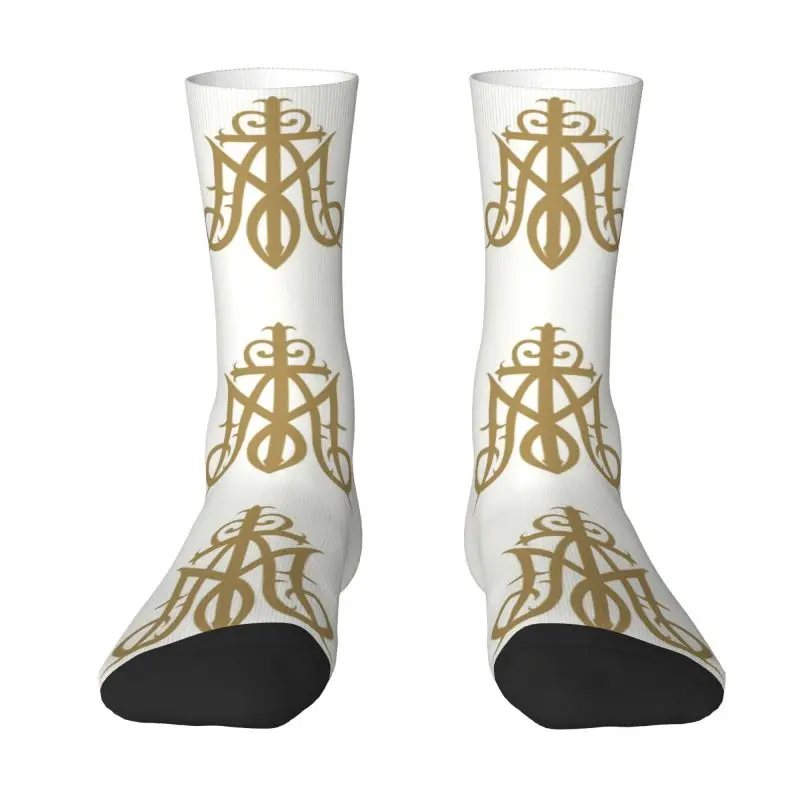 

Cool Virgin Mary Monogram Ave Maria Socks Men Women Warm 3D Printed Ave Maria Catholic Christian Basketball Sports Socks