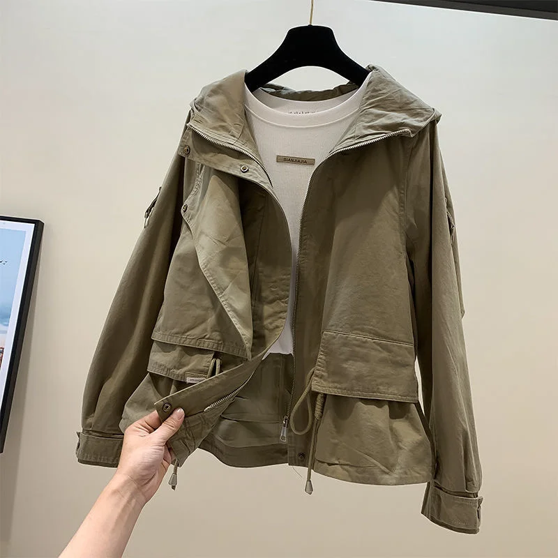 

Fashion Loose Short Trench Coat Women Tooling Style Solid Color Jacket Hooded Drawstring Windbreaker Female Clothing