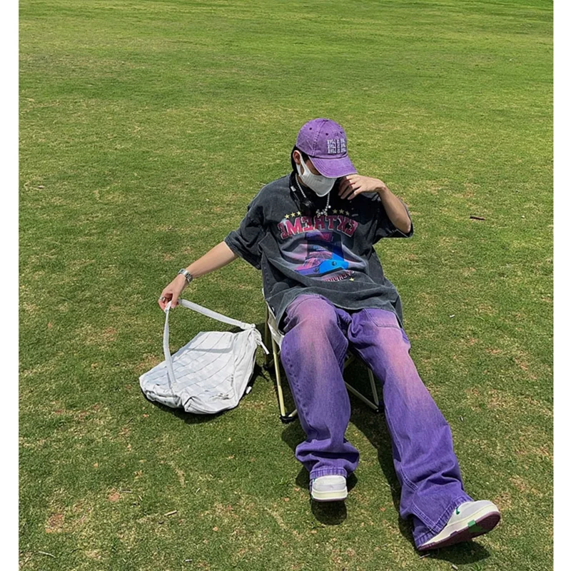 Streetwear Men 2022 New Style Recreational Comfortable Purple Jeans Loose Temperament Versatile Wide Leg Mop Pants Autumn Female