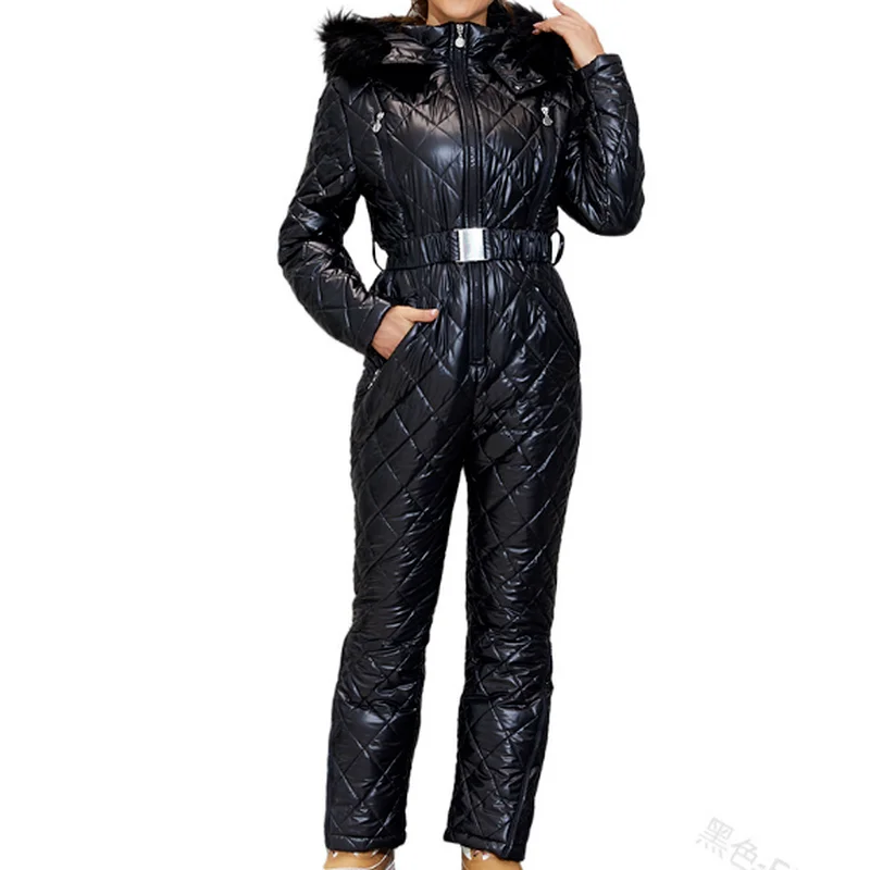 Women Onesie Skiing Jackets Parka One Piece Ski Suit Winter Outerwear Fur Collar Trim Hooded Snowsuit Long Sleeve Ski Jumpsuit
