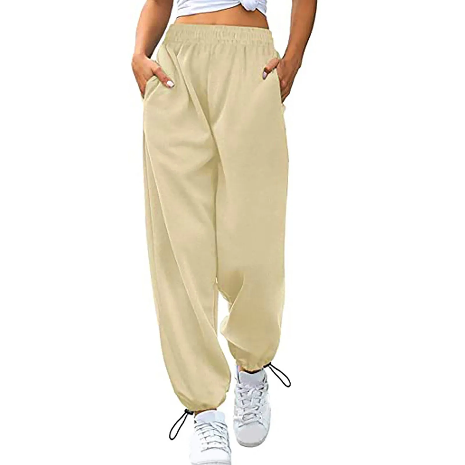 

Women's Loose Comfortable Sports Joggers Pants Casual Pockets Elastic Waist Trousers Solid Colours Wide Leg Drawstring Pants