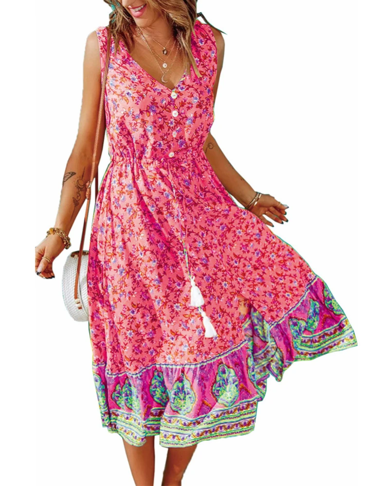 

Spring and Summer Fashion New V-neck Dress Button Sleeveless Floral Dress Temperament Leisure Holiday Women's Dress High Waist