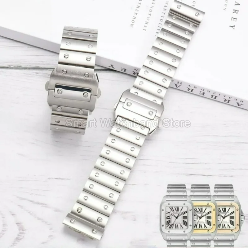 Фото Двойная застежка-бабочка для замены ремешка часов Cartier Santos 100 WSSA0009, прочный ремешок из нержавеющей стали с заклепочными звеньями. №4