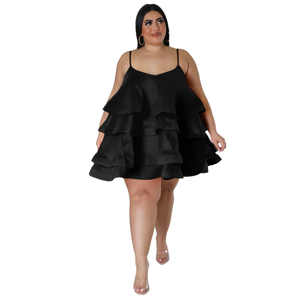 Fashion Plus Size Women Dresses Sexy Sleeveless Ruffle Adjustment Straps Solid Color Dress Large Size Female Elegant Dresses
