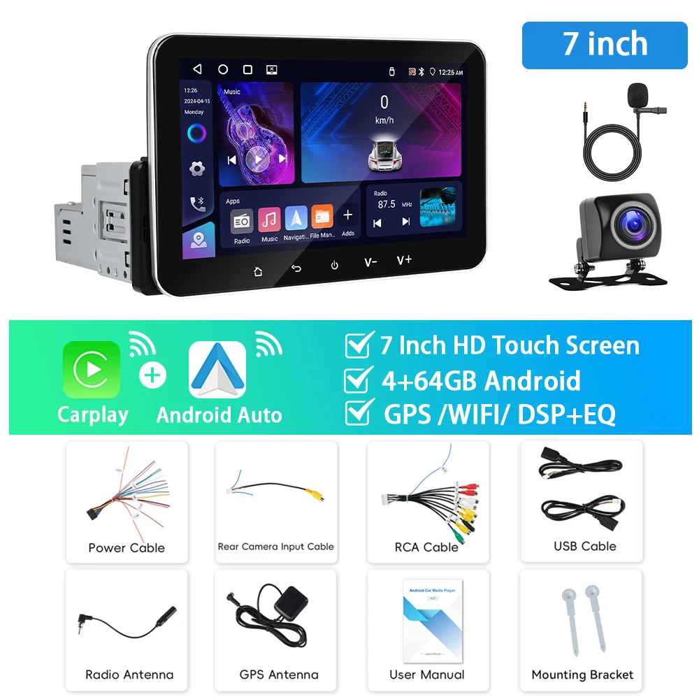 

Podofo 4 + 64G 1Din Автомобильная стереосистема WIFI 7 дюймов Авторадио Carplay Android Auto BT GPS-навигация Зеркало Link FM/RDS IPS Экран Автомобильное аудио