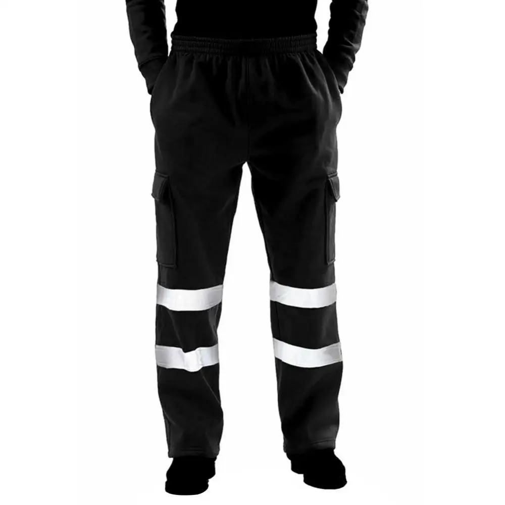 

2021 New Casual Sanitation Worker Men Reflective Strips Trousers Fleece Jogging Pants