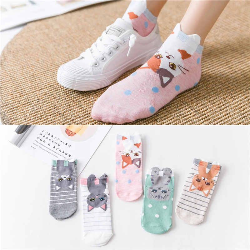 

Cute Girls' Cartoon Cat 3D Eard Lovely Kitten Stripes Dots Happy Fashion Summer Short Ankle Socks Dropship