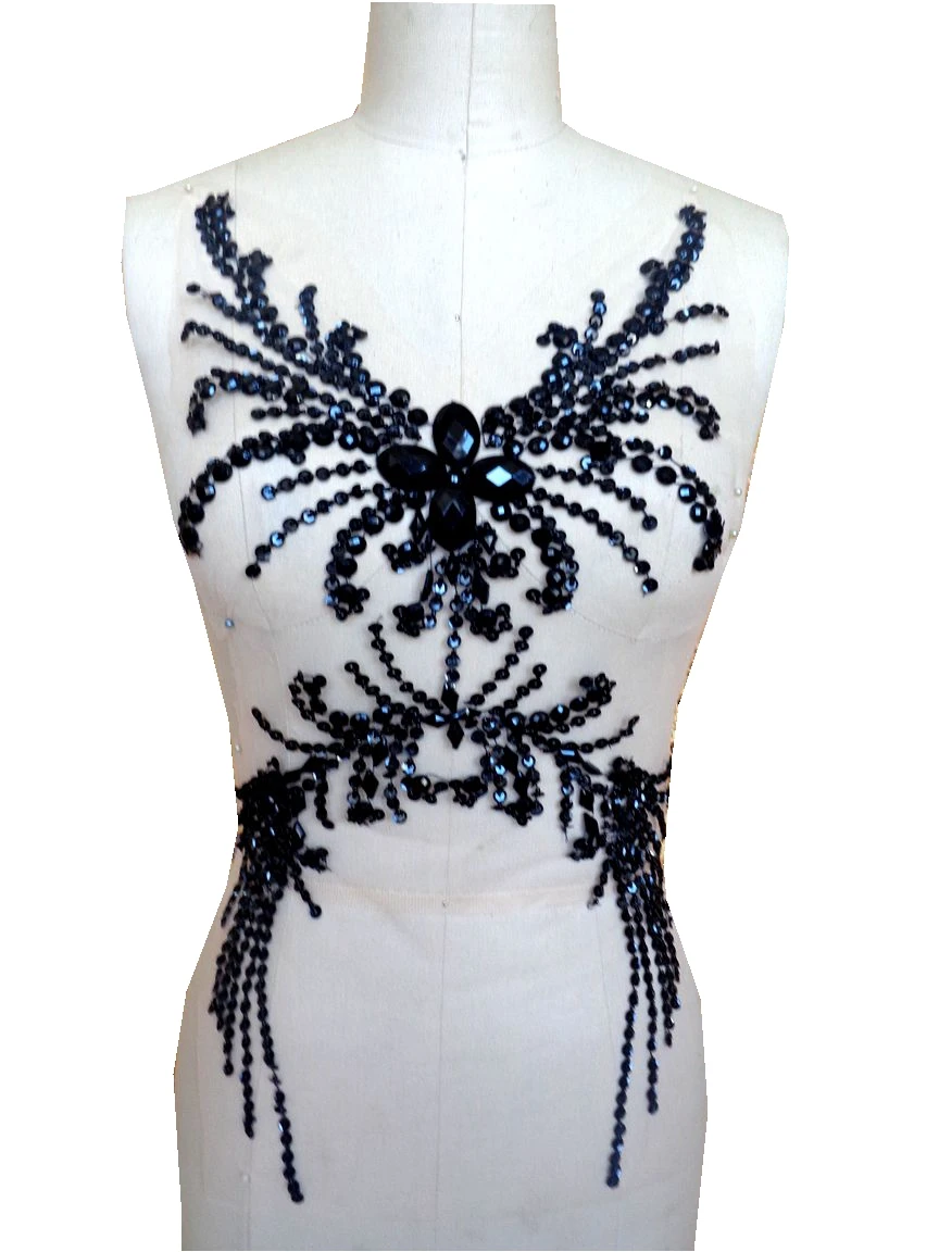 

zbroh Pure hand made black sew on Rhinestones applique crystals patches 52*28cm DIY dress accessory